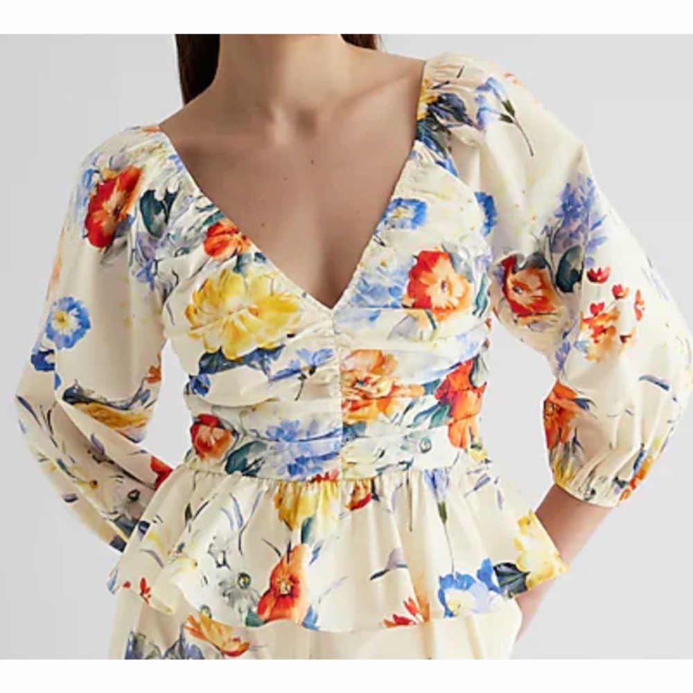 Express Women’s Floral‎ Print Pleated Peplum Top Blouse Multicolor XS